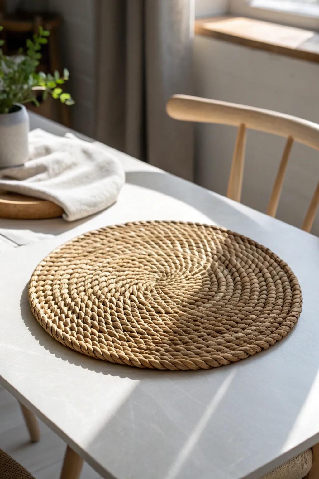 Woven rattan chargers add warm texture and instant coziness to a crisp white dining table.