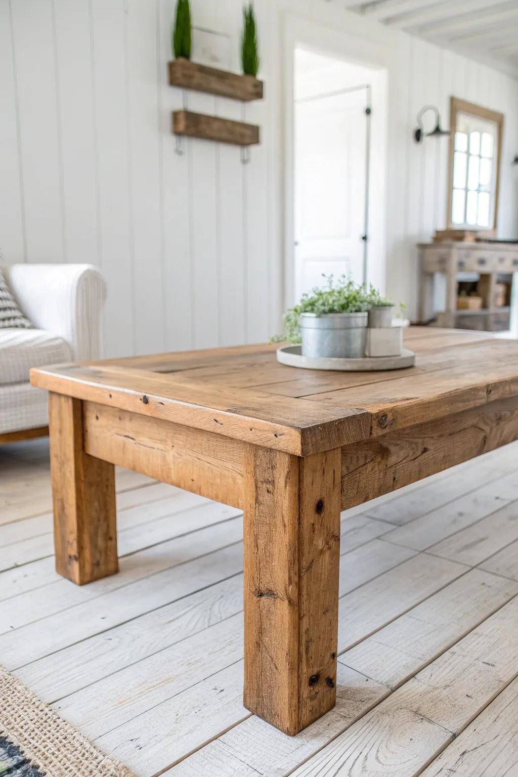 Chunky reclaimed wood coffee table—warm grain and bold joinery against crisp white farmhouse calm.