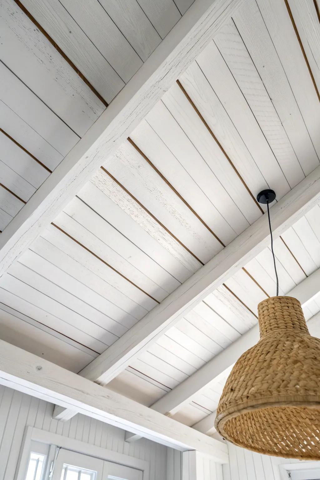 White planks + white beams: airy, calm, and beautifully reflective without feeling sterile.