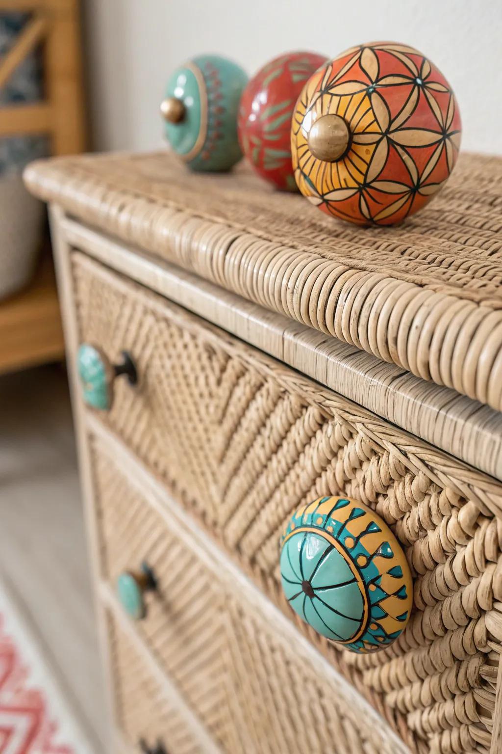 Transform your space with a simple hardware swap: vibrant ceramic knobs on a classic wicker dresser.
