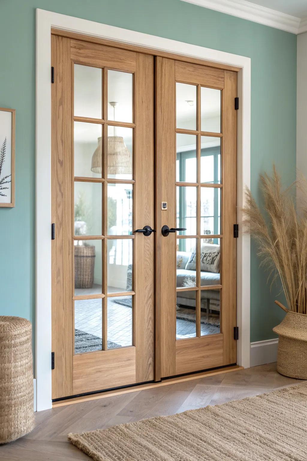 Double French-style glass doors: wide, airy separation that keeps your home office bright.