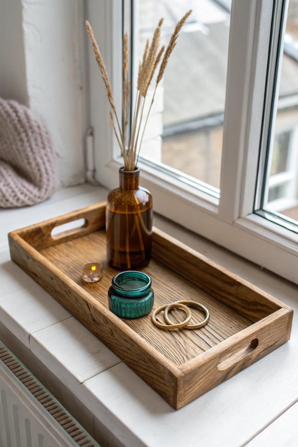 A simple handmade tray turns a window sill into a clean, cozy vignette in seconds.