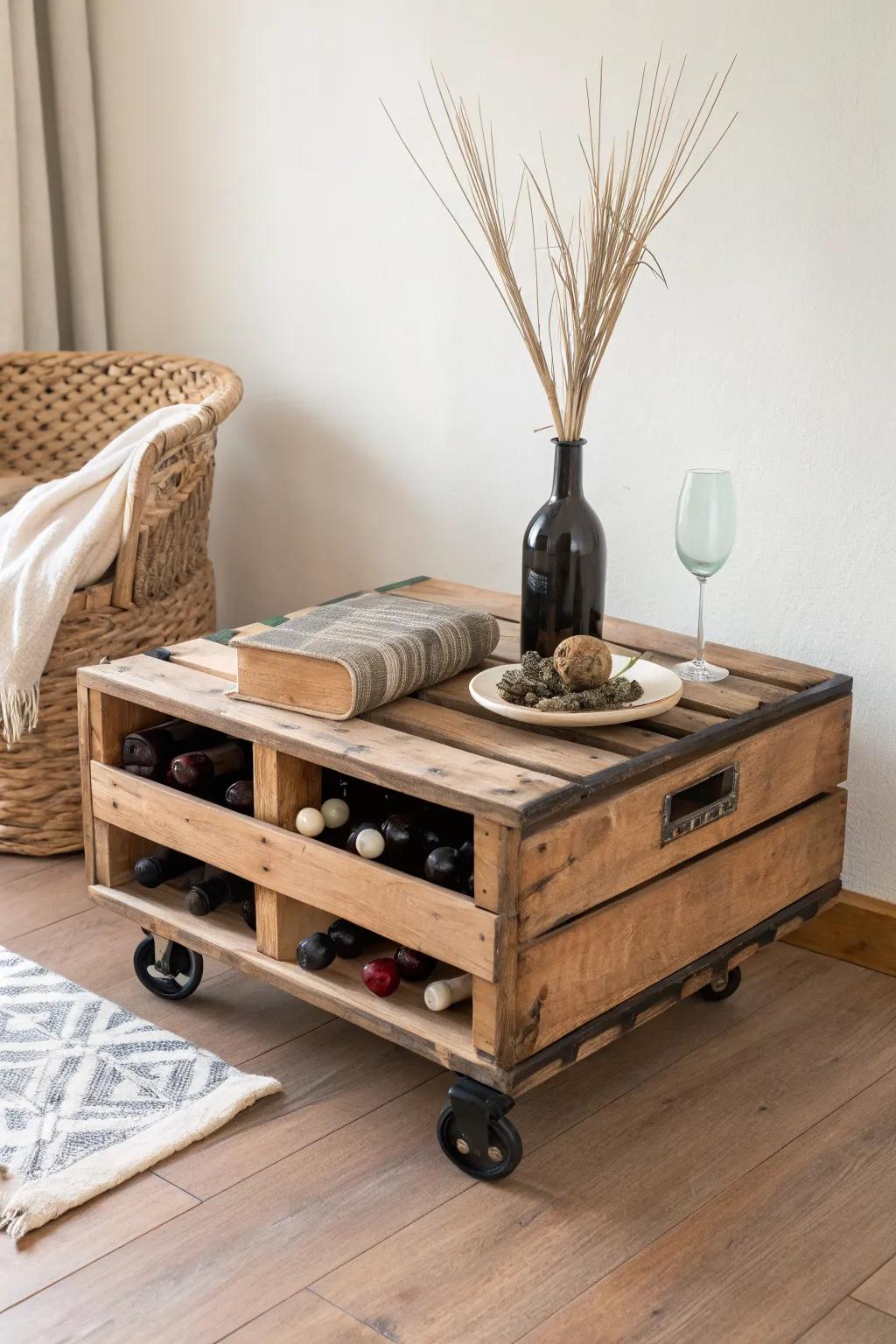 A rolling wine-crate coffee table—chunky, handmade, and ready to stash bottles in style.