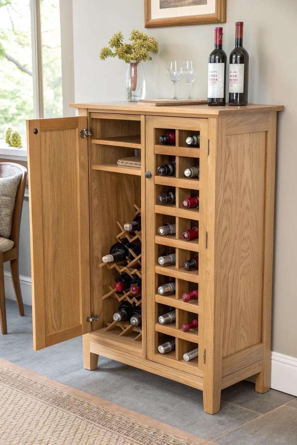 Color-sorted bottles turn a handmade oak wine cabinet into instant calm, curated decor.