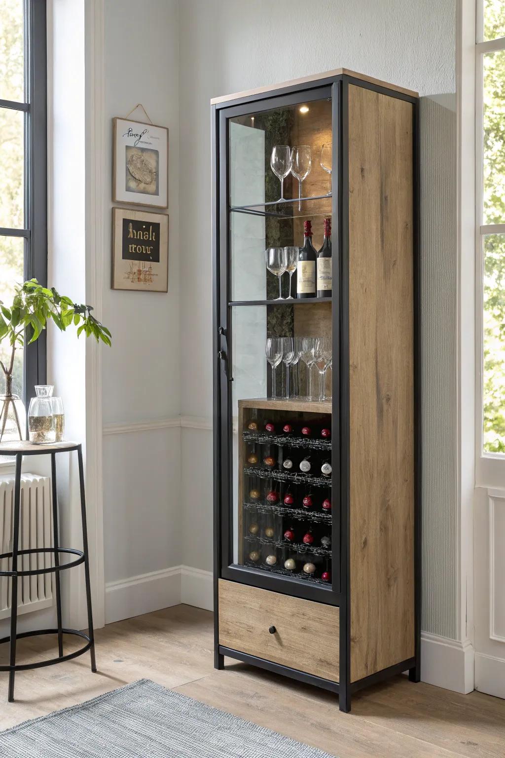Glass-front wine cabinet with a dark interior—labels pop, clutter fades, style stays curated.