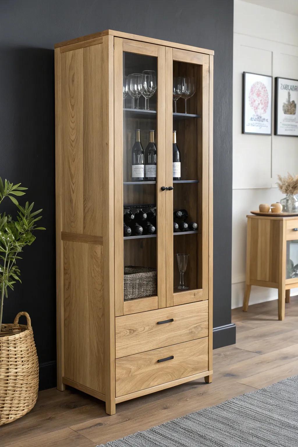 Turn everyday bottles into decor with a minimalist glass-front wine cabinet in warm oak.