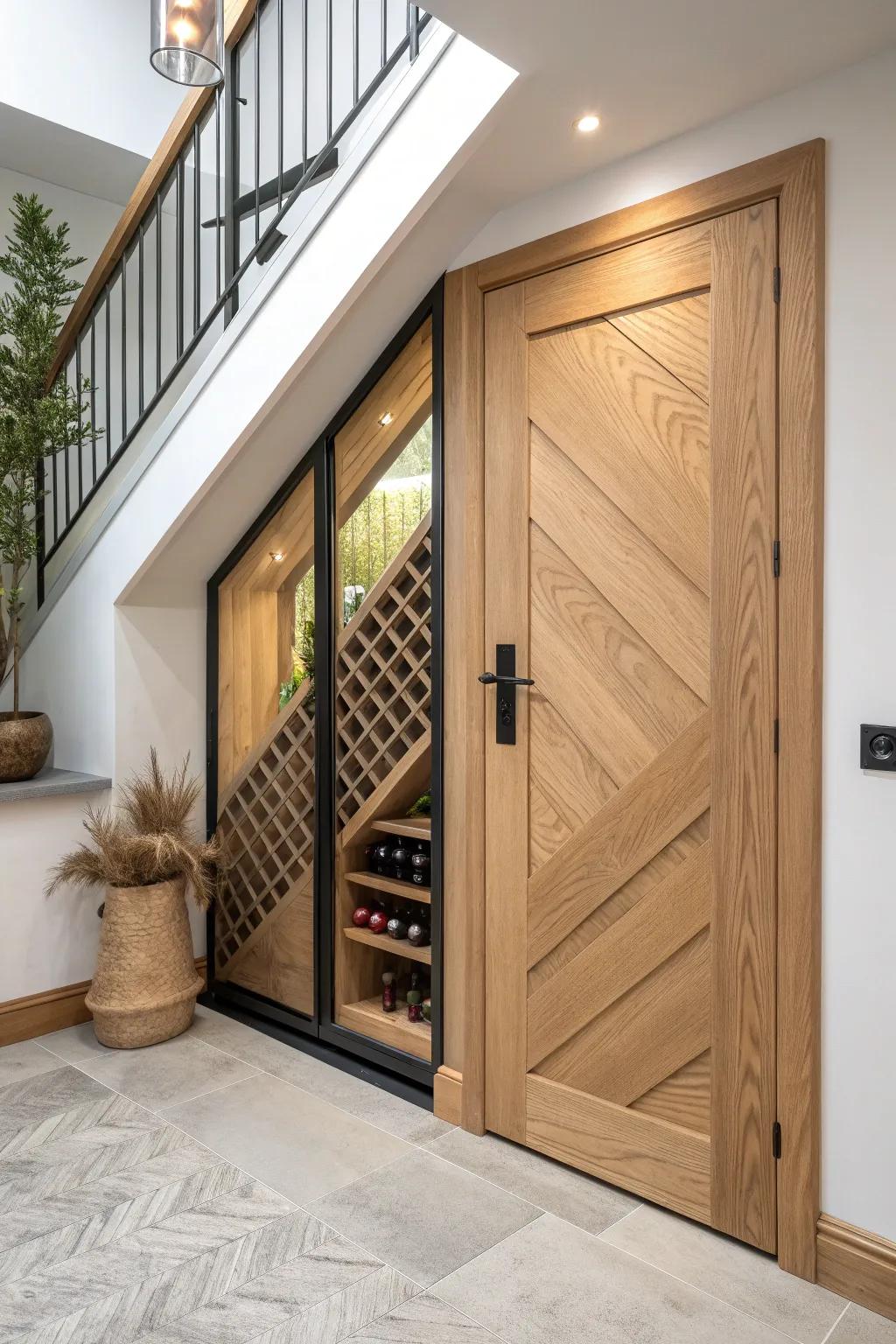 Turn the under-stair triangle into a sleek mini wine cellar with custom angled oak cubbies.