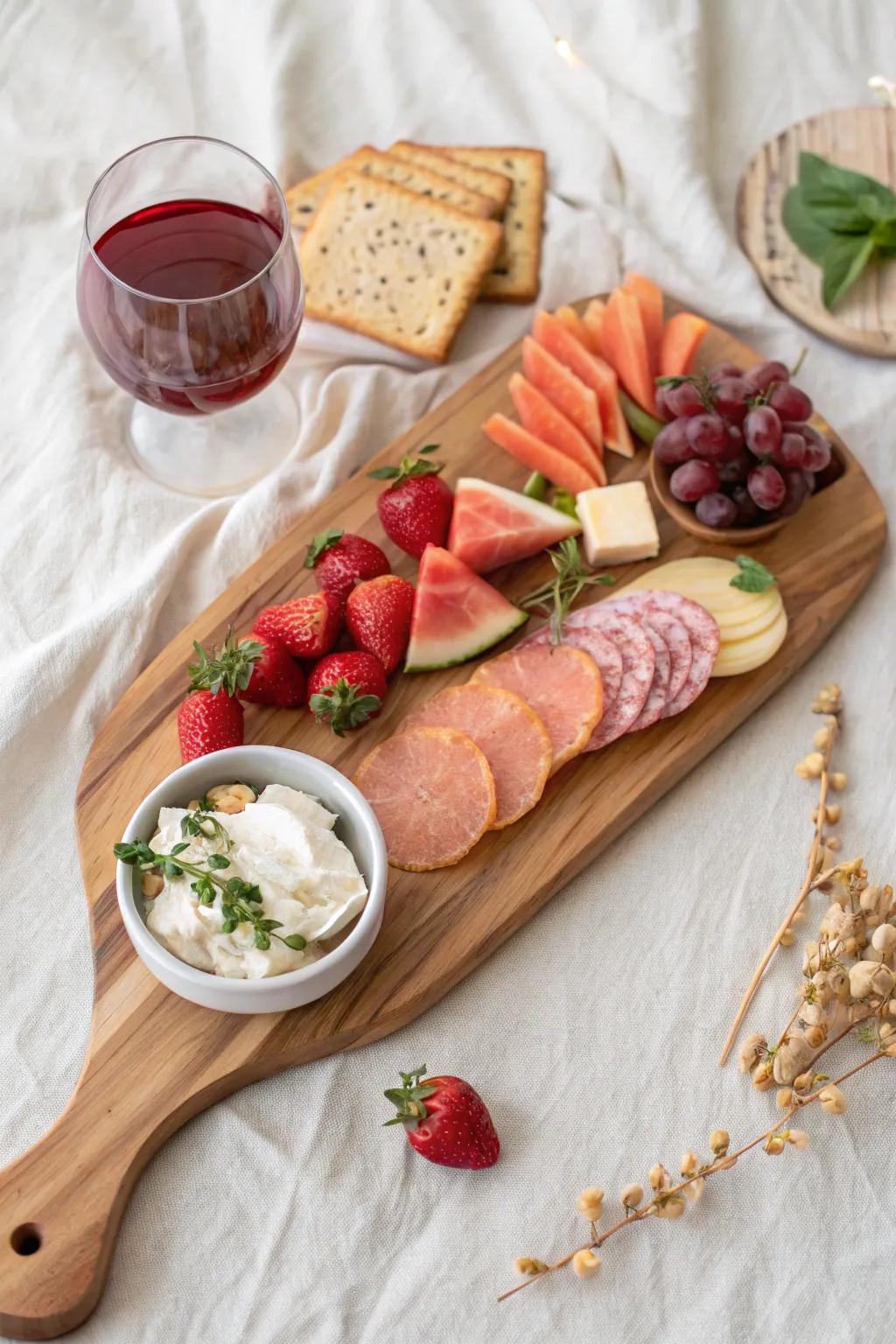Rosé-ready reclaimed wood board with strawberries, melon, mild meats, and a tangy spread.