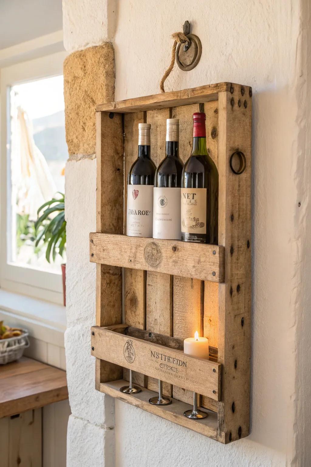 Rustic pallet-wood wine rack with stamp marks, topped with a corkscrew and candle glow.