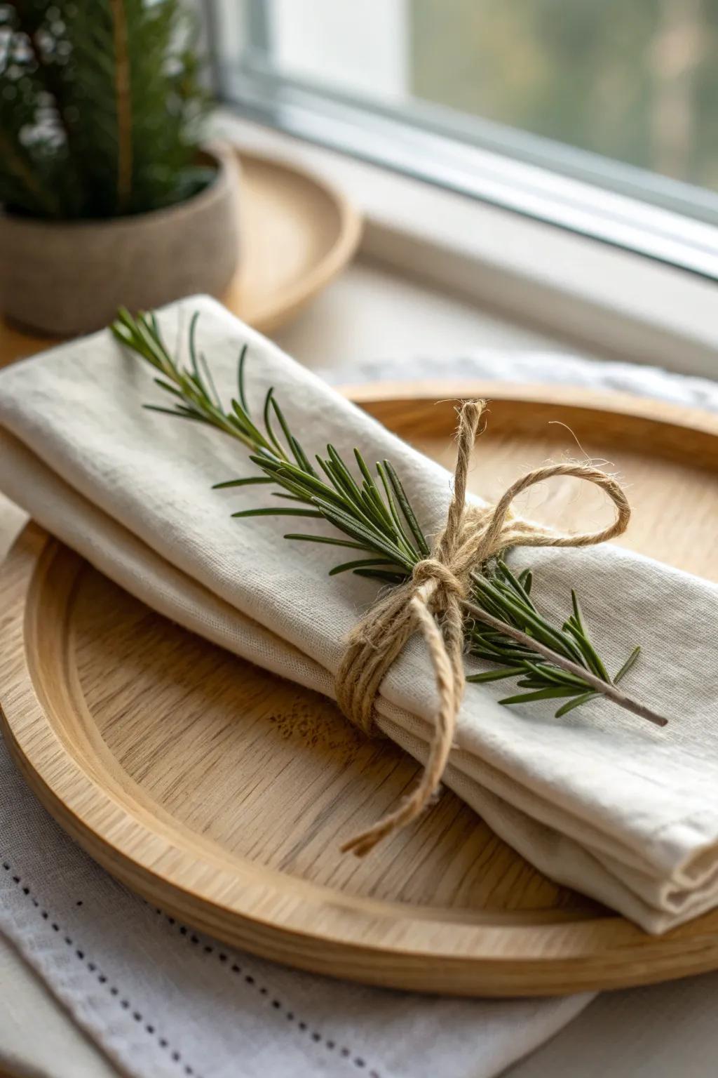Ivory linen tied with twine and rosemary—simple winter elegance with cozy scent and contrast.