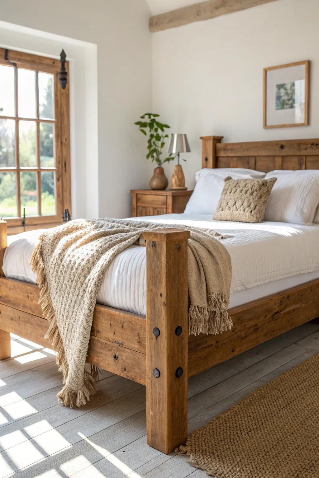 Reclaimed wood bed frame with knots and nail holes—bold character, clean Scandinavian lines.