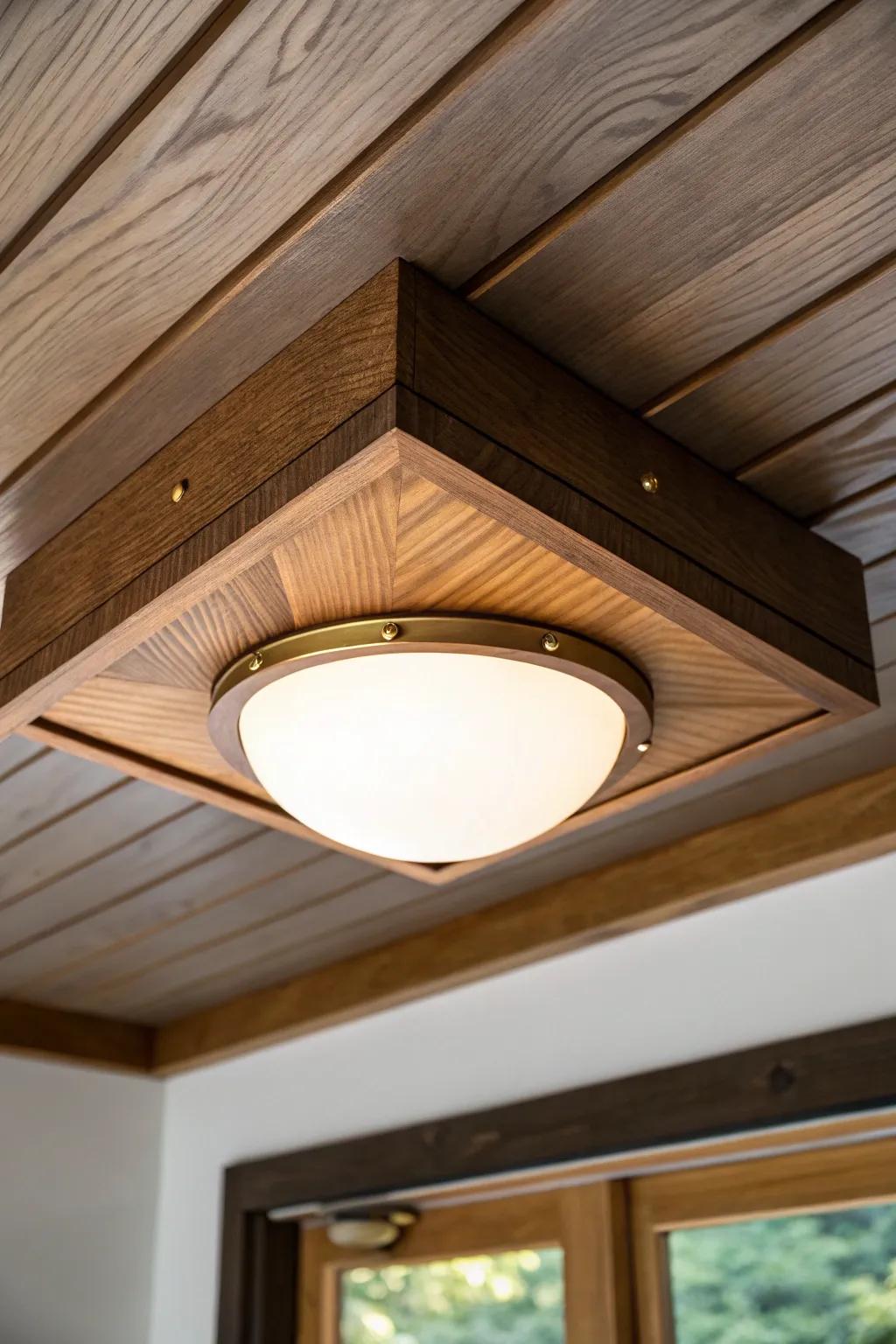 Low ceiling? A slim oak-trim flush mount adds warm glow without crowding the space.