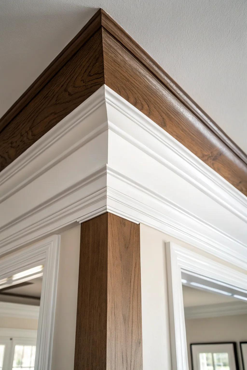 Dark-stained wood ceiling with crisp white crown molding—clean contrast, timeless drama.