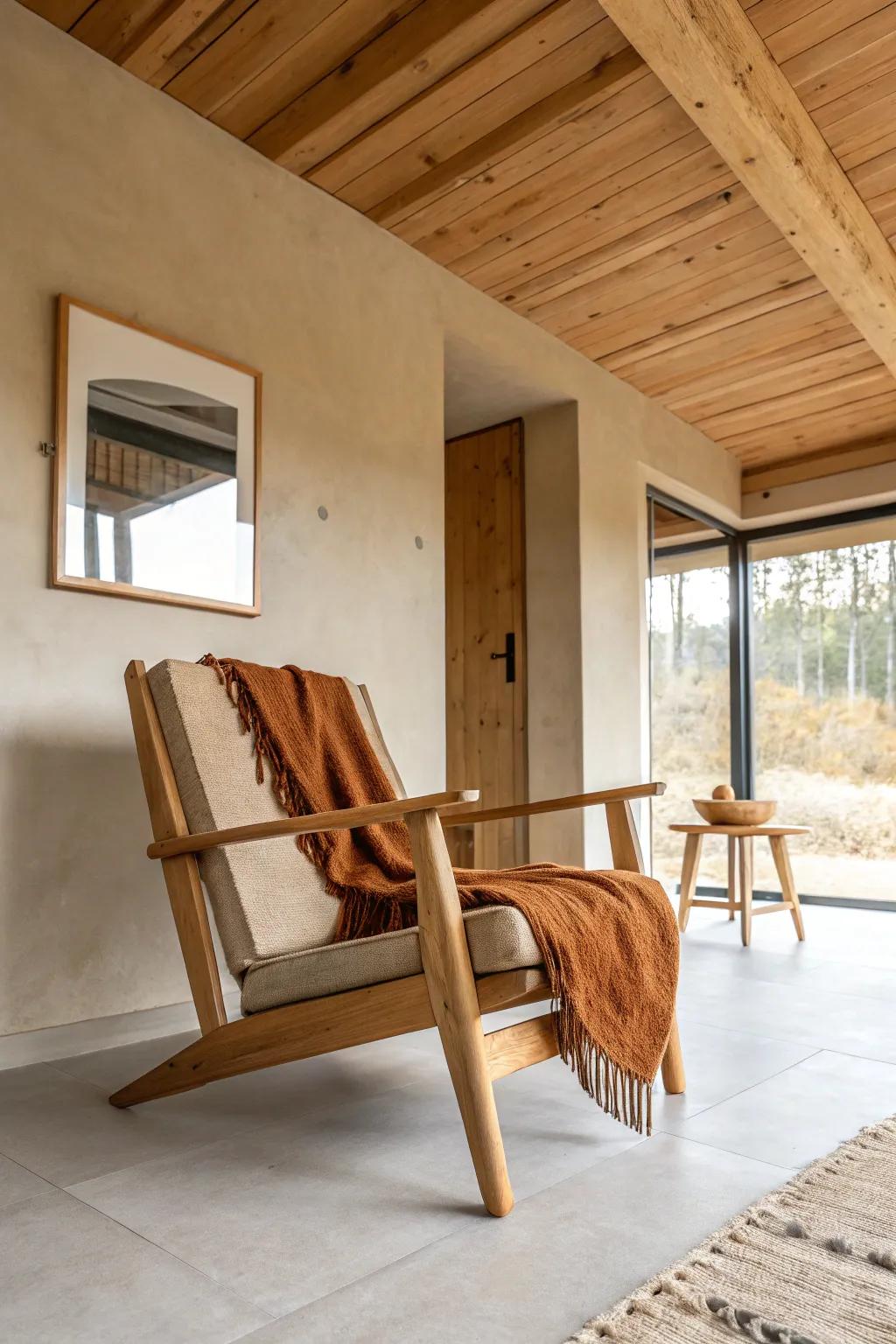 Sandy beige walls let a wood ceiling glow—farmhouse warmth with clean Scandinavian calm.