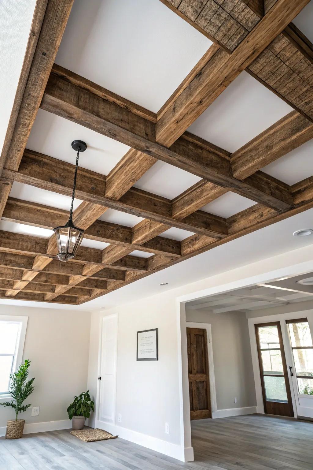 Reclaimed wood beam grid drop ceiling—farmhouse texture with clean Scandinavian contrast.