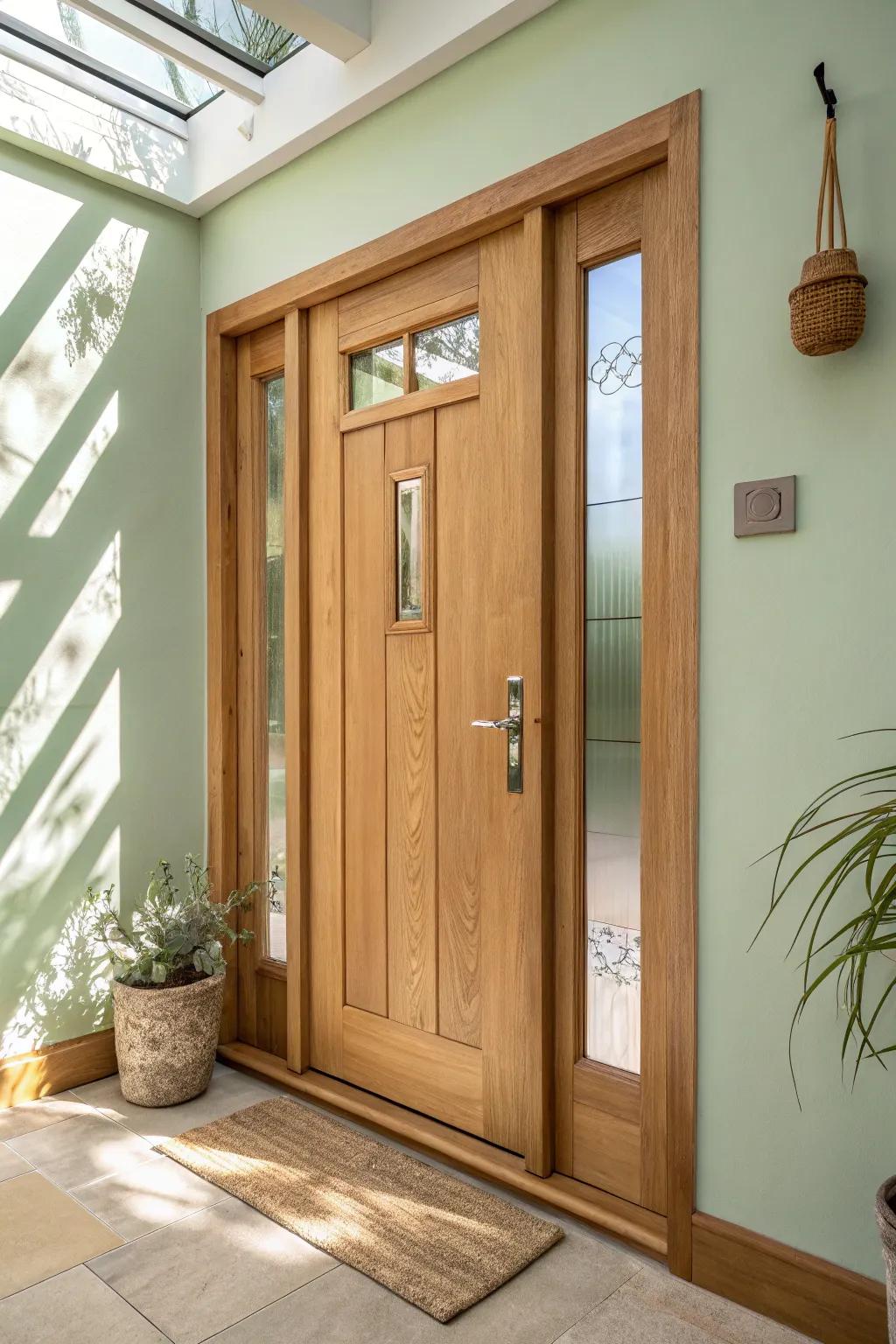 Warm oak door with clear glass sidelights—simple, bright, and instantly makes the entry feel wider.