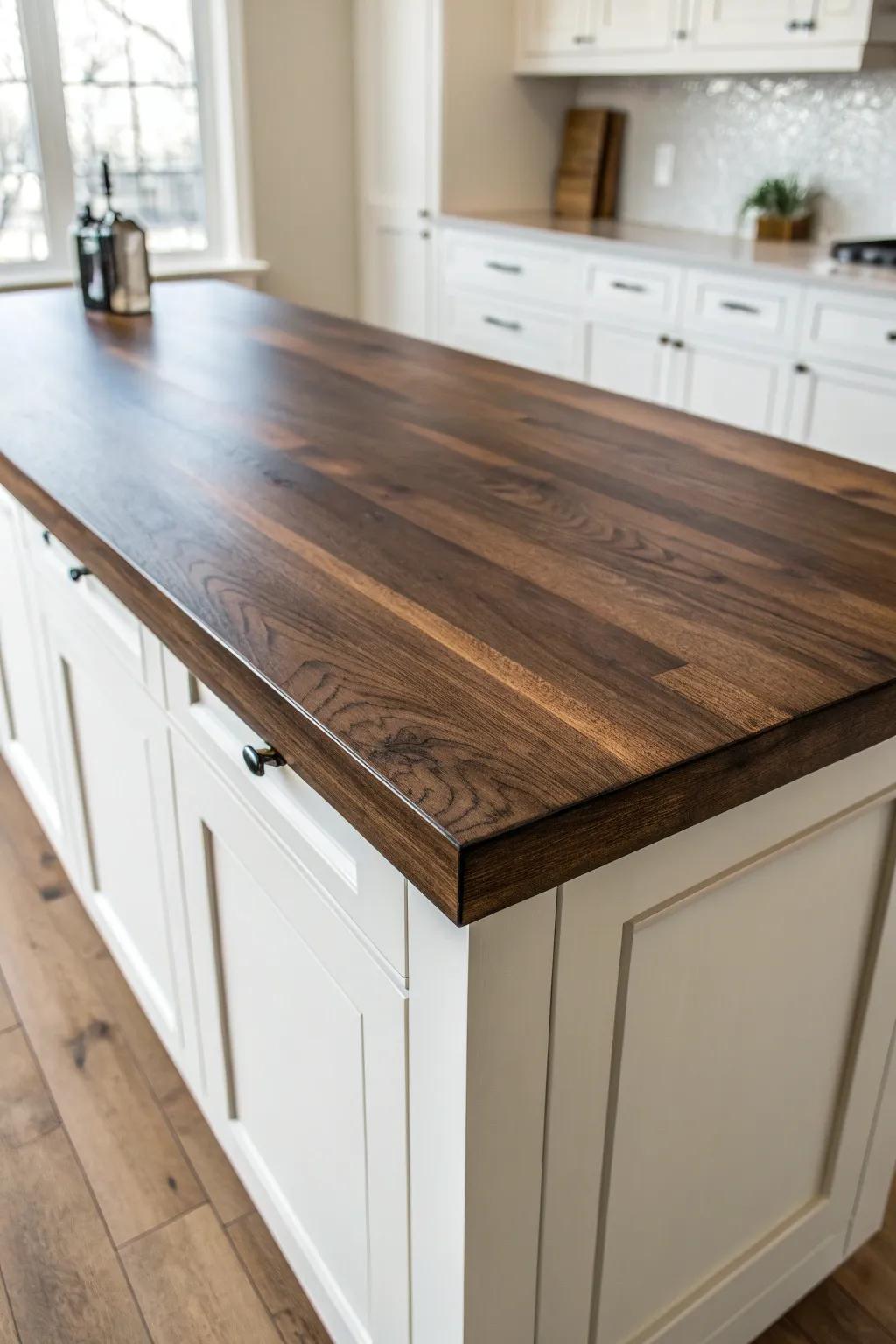 Espresso-stained wood countertop for bold contrast—warm, sleek, and craft-forward.