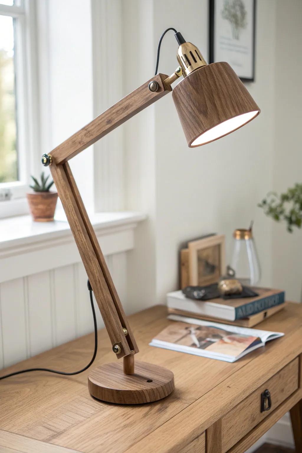 Adjustable walnut arm desk lamp with brass pivots—minimal, boho-leaning, and workspace-ready.