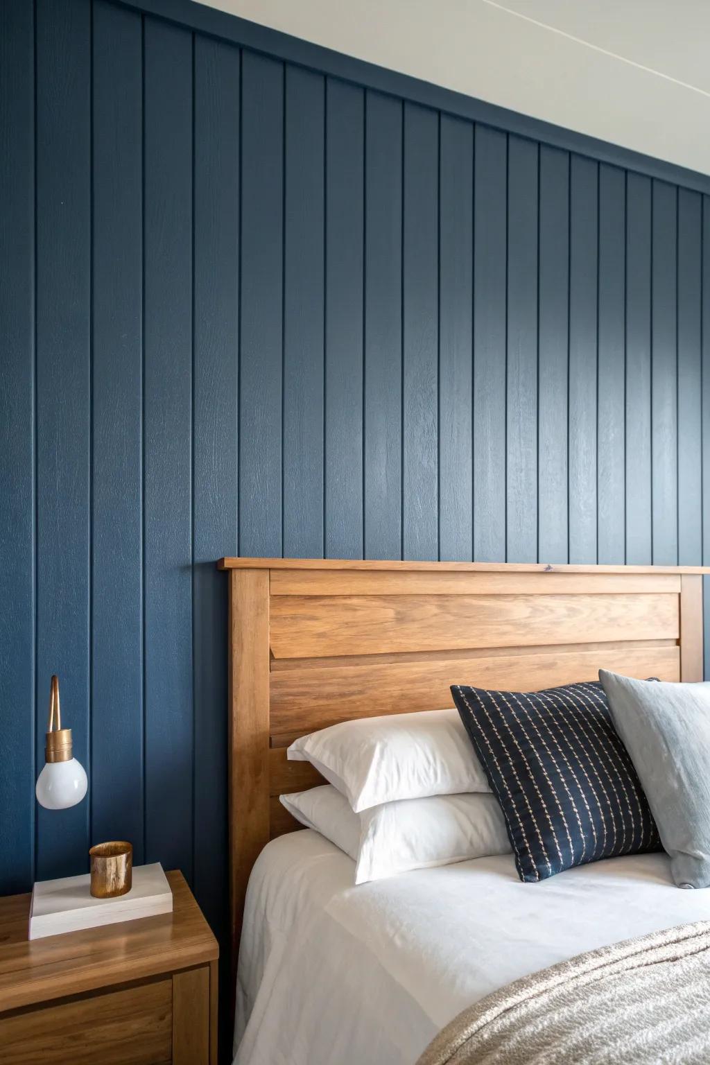 Deep indigo tongue-and-groove planks for a tailored, calm headboard wall that hides imperfections.