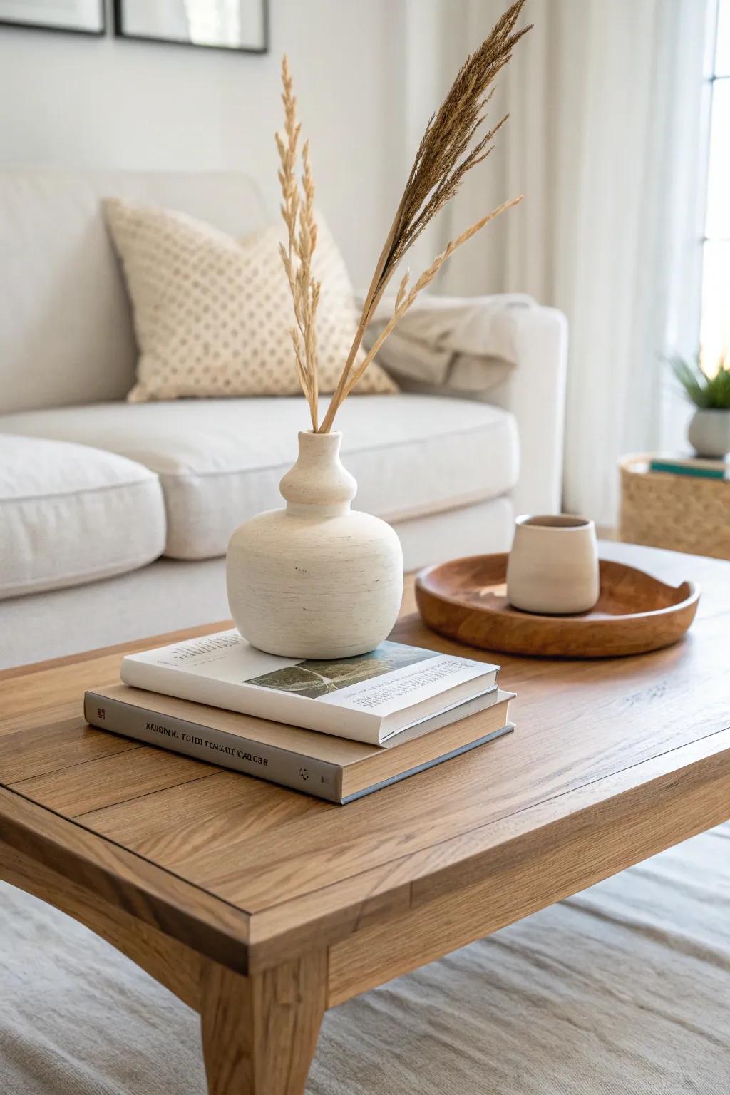 A clean coffee table “tray” look—style a wood riser with books and a simple vase.