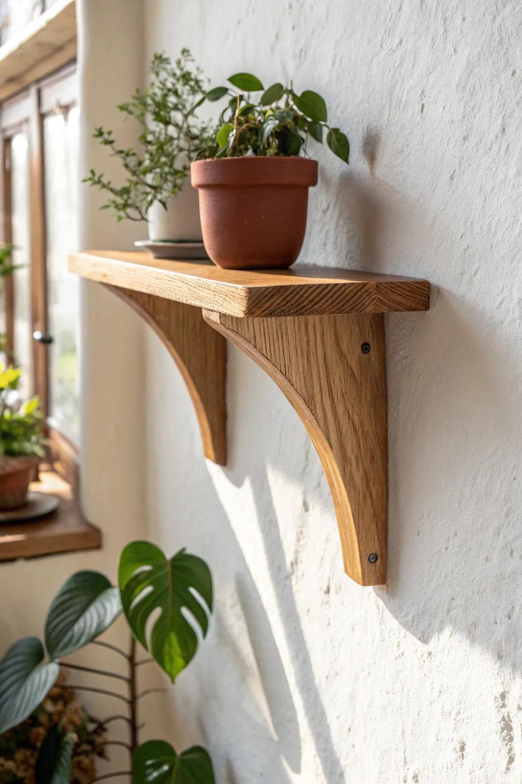 Quarter-circle curved wood bracket in oak—softens sharp angles with bold terracotta contrast.