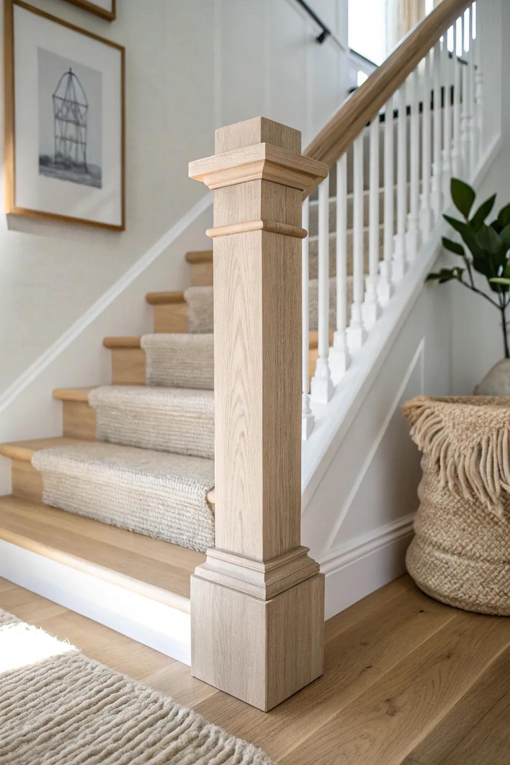 Chunky square newel posts add instant custom weight—simple lines, bold contrast, timeless wood.