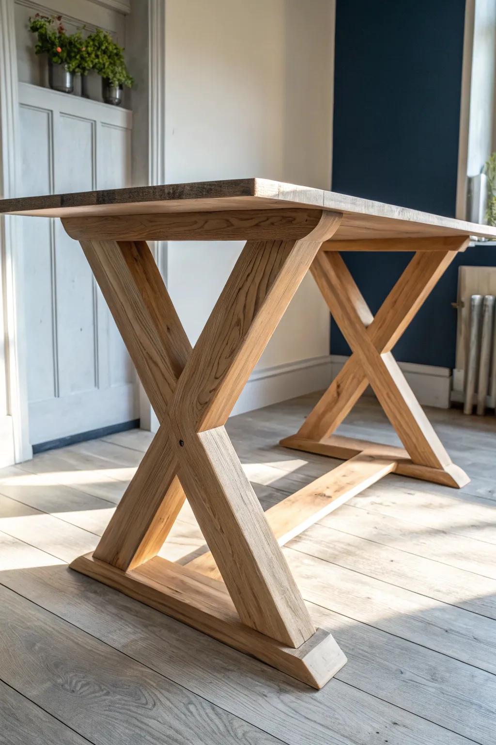 Handcrafted oak X-base farm table legs—bold, simple, and beginner-friendly farmhouse drama.