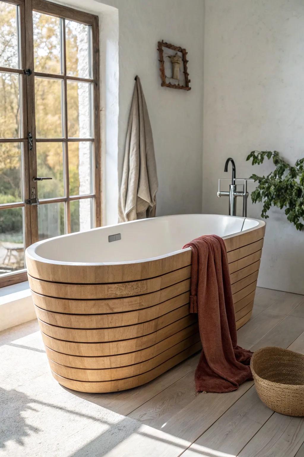 Horizontal matte oak planks make a tub surround feel longer—clean, modern, and naturally warm.