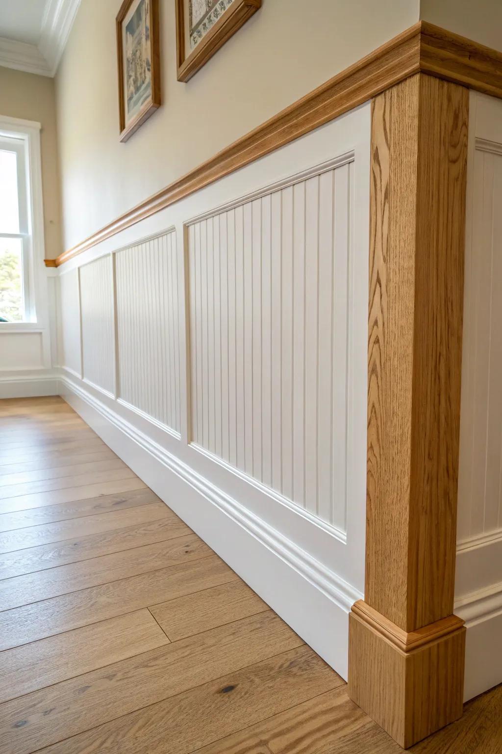 Cottage charm, clean lines: beadboard wainscoting with a chunky oak cap rail in soft light.