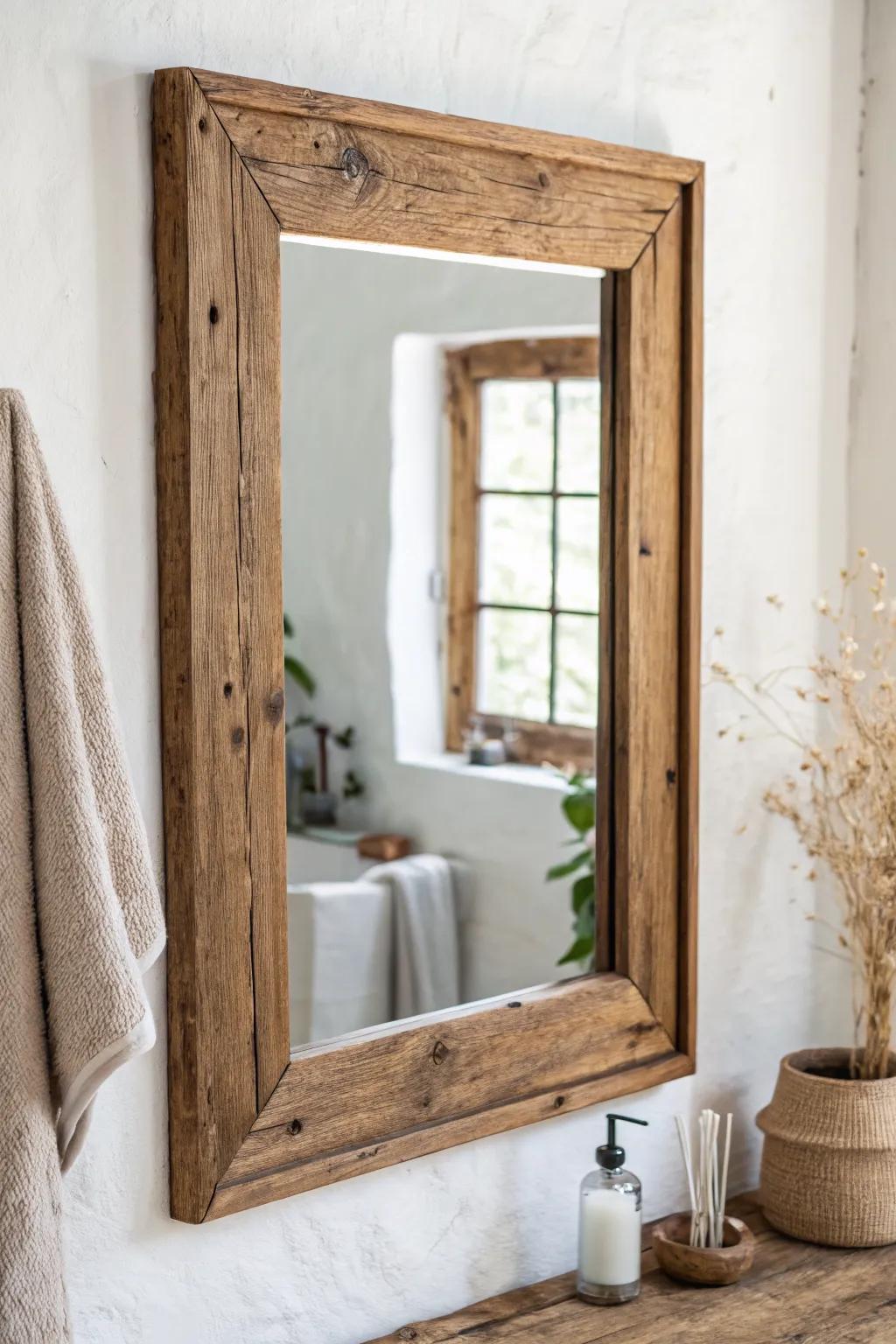 Chunky reclaimed wood frame = instant bathroom glow-up—warm grain, clean lines, big impact.