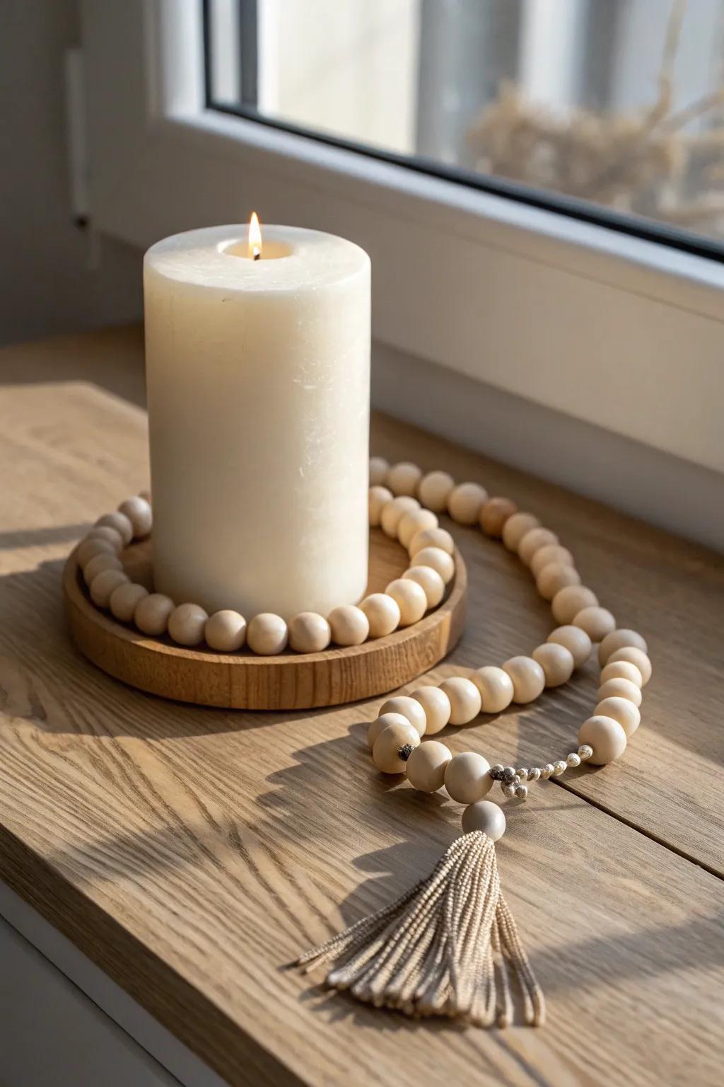 A simple strand of wooden beads instantly adds texture and warmth around a pillar candle.