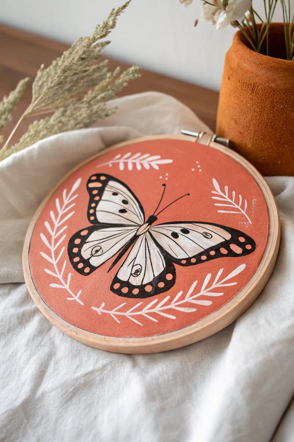 High-contrast black-and-white butterfly on a bold painted wood circle—simple and striking.