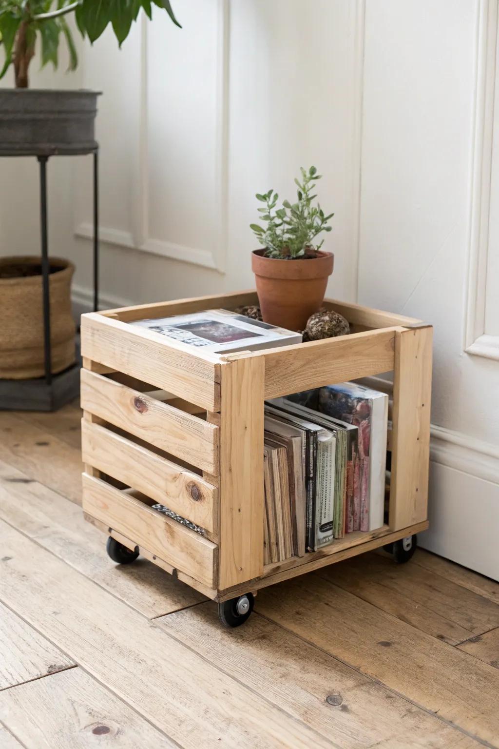 DIY rolling wooden crate side table—pretty, practical, and perfect for plants + magazines.