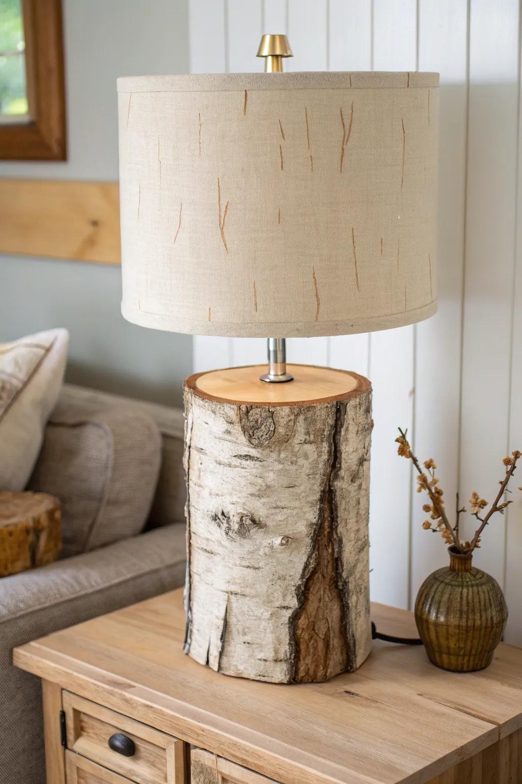 Rustic log stump lamp: raw bark meets a soft linen shade for cozy Scandinavian charm.