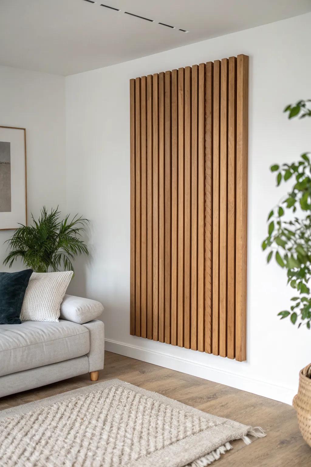 Warm oak slat panel behind the sofa—an instant focal point that makes the room feel designed.