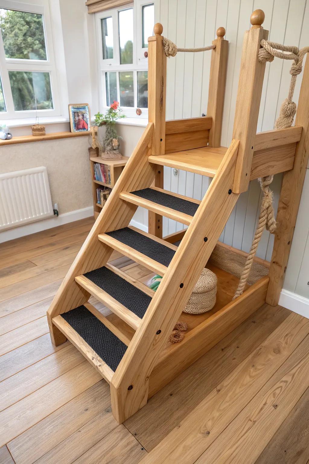 Toddler-friendly wooden stairs with real handrails—safe, stylish, and easy to climb.