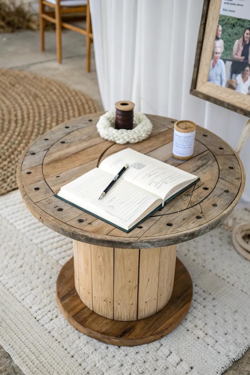 A wooden spool guest book station—minimal, boho-warm, and made for sweet handwritten notes.