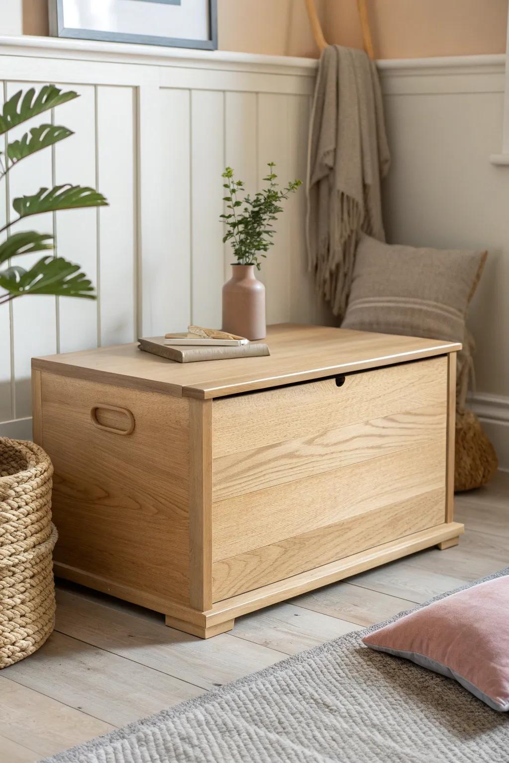 Hinged-lid toy chest with soft-close stay—minimal, boho-warm, and beautifully crafted.