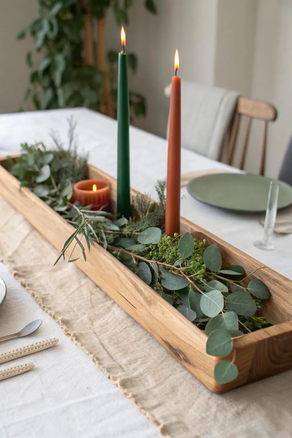 Long wooden tray with lush greenery and candles—an airy runner centerpiece with room to dine.