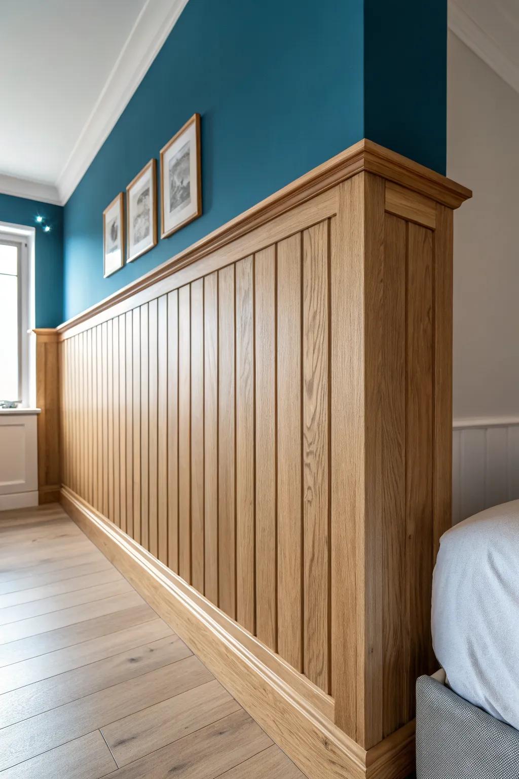 Half-height oak wainscoting with peacock-blue paint above—an instant cozy, boutique-bedroom upgrade.