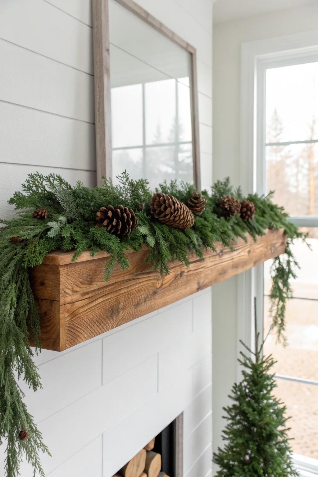 Cozy woodland mantel: reclaimed wood, lush greenery garland, and pinecones for lodge warmth.