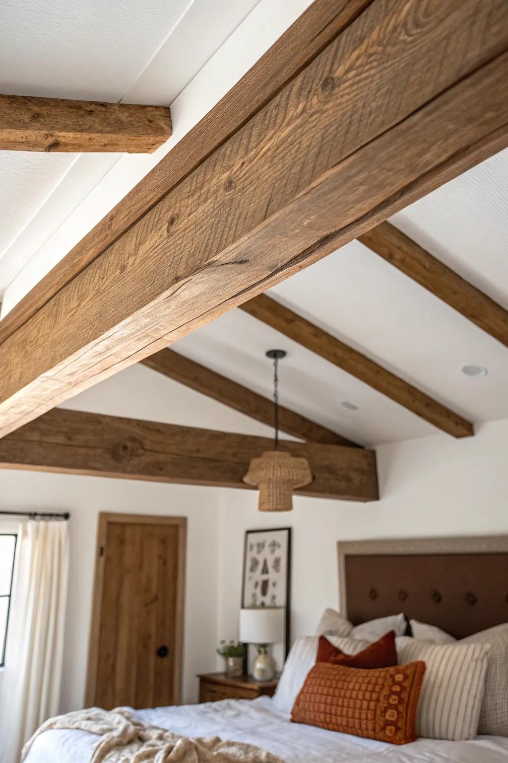 One stained faux beam transforms a bright bedroom into a cozy cabin-inspired retreat.