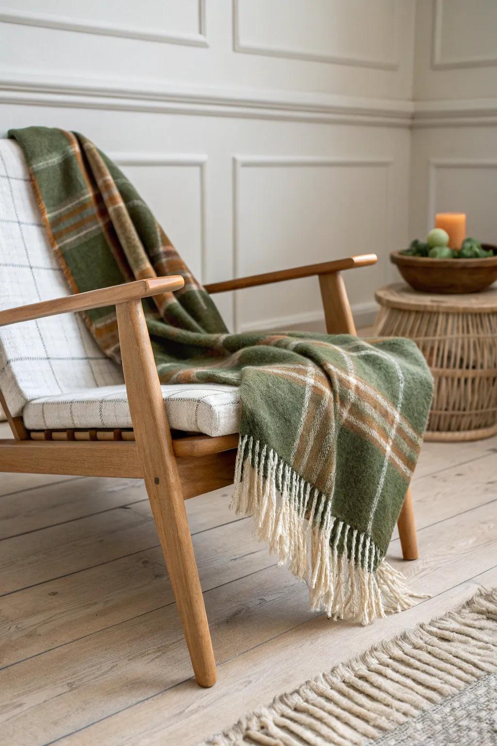 Plaid wool layers on pale oak add instant forest warmth—moss, rust, and cream in one cozy touch.