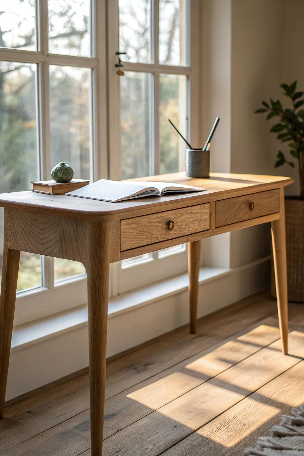 A window-facing oak desk that glows in natural light—minimal, calm, and craft-forward.