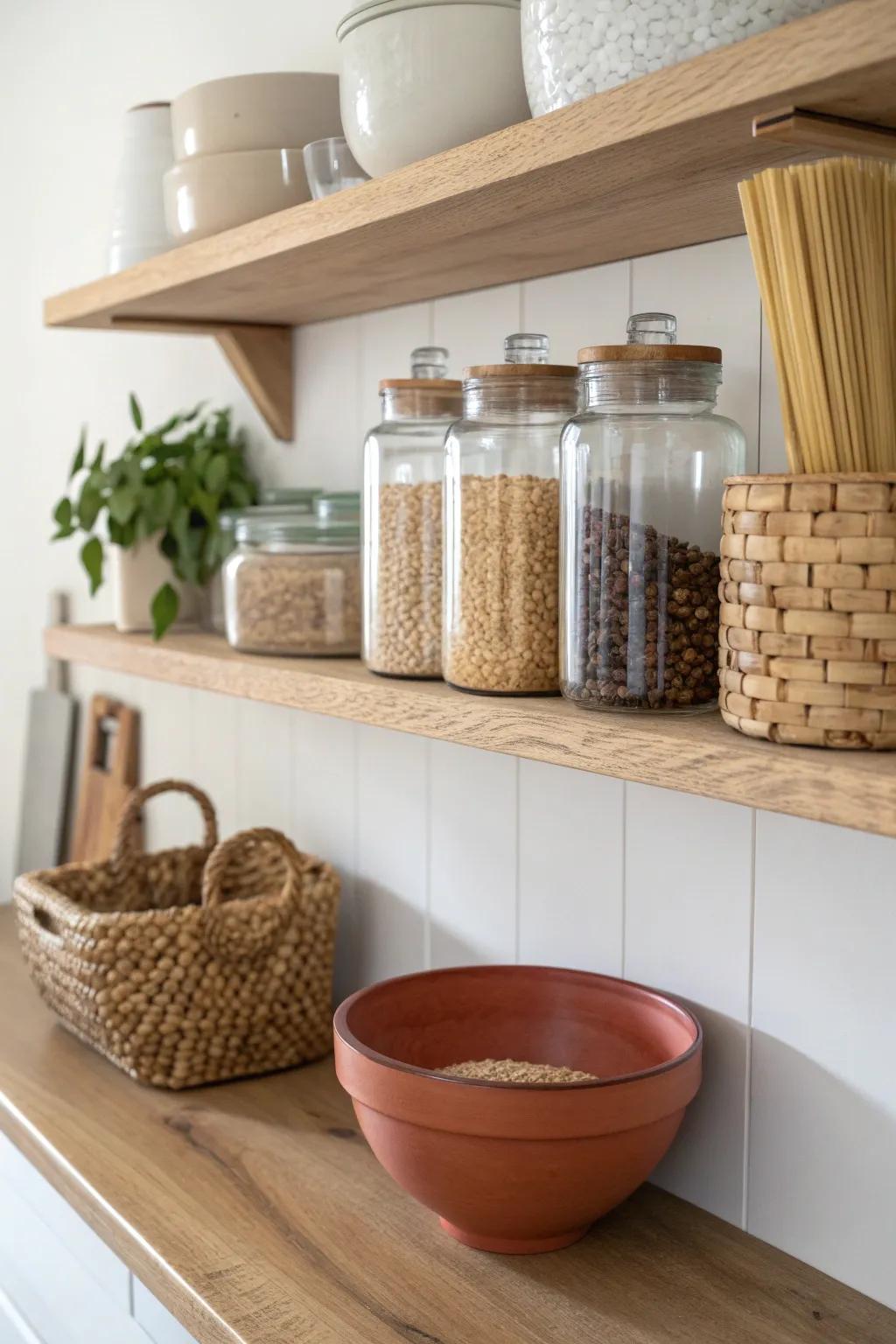 Open shelves that keep pantry staples visible, organized, and beautifully within reach.
