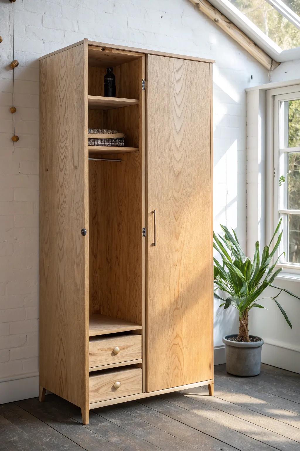 Floor-to-ceiling locker cabinet that tames long tools—sleek oak, adjustable shelves, bold contrast.
