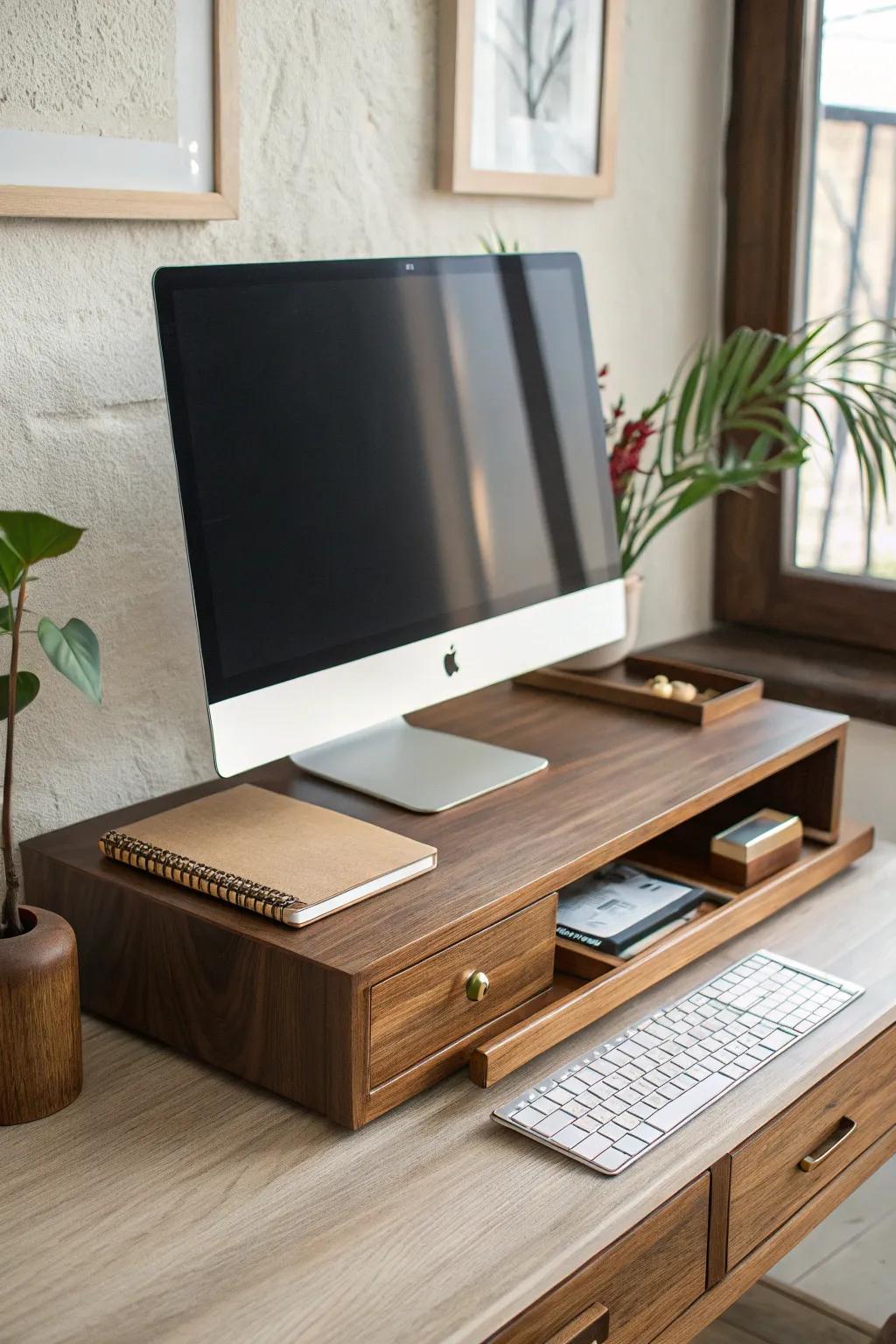 Minimal walnut monitor riser with hidden drawer—elevate your screen and stash essentials.