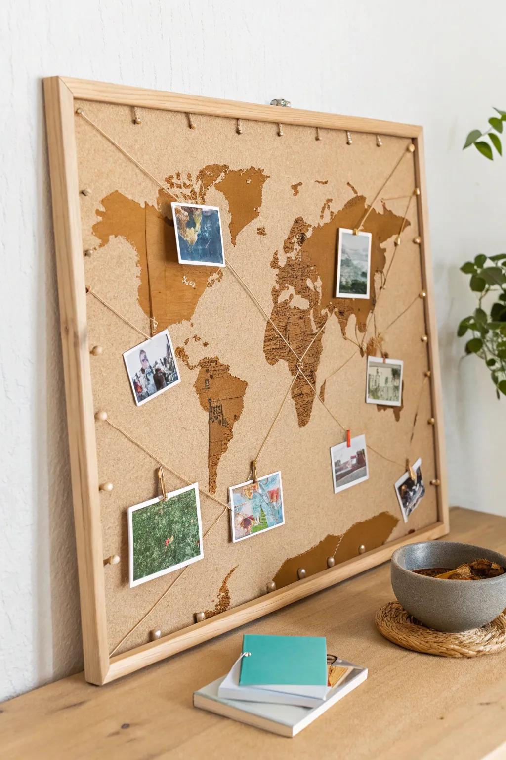A photo-and-string world map board that beautifully connects faces to their roots.