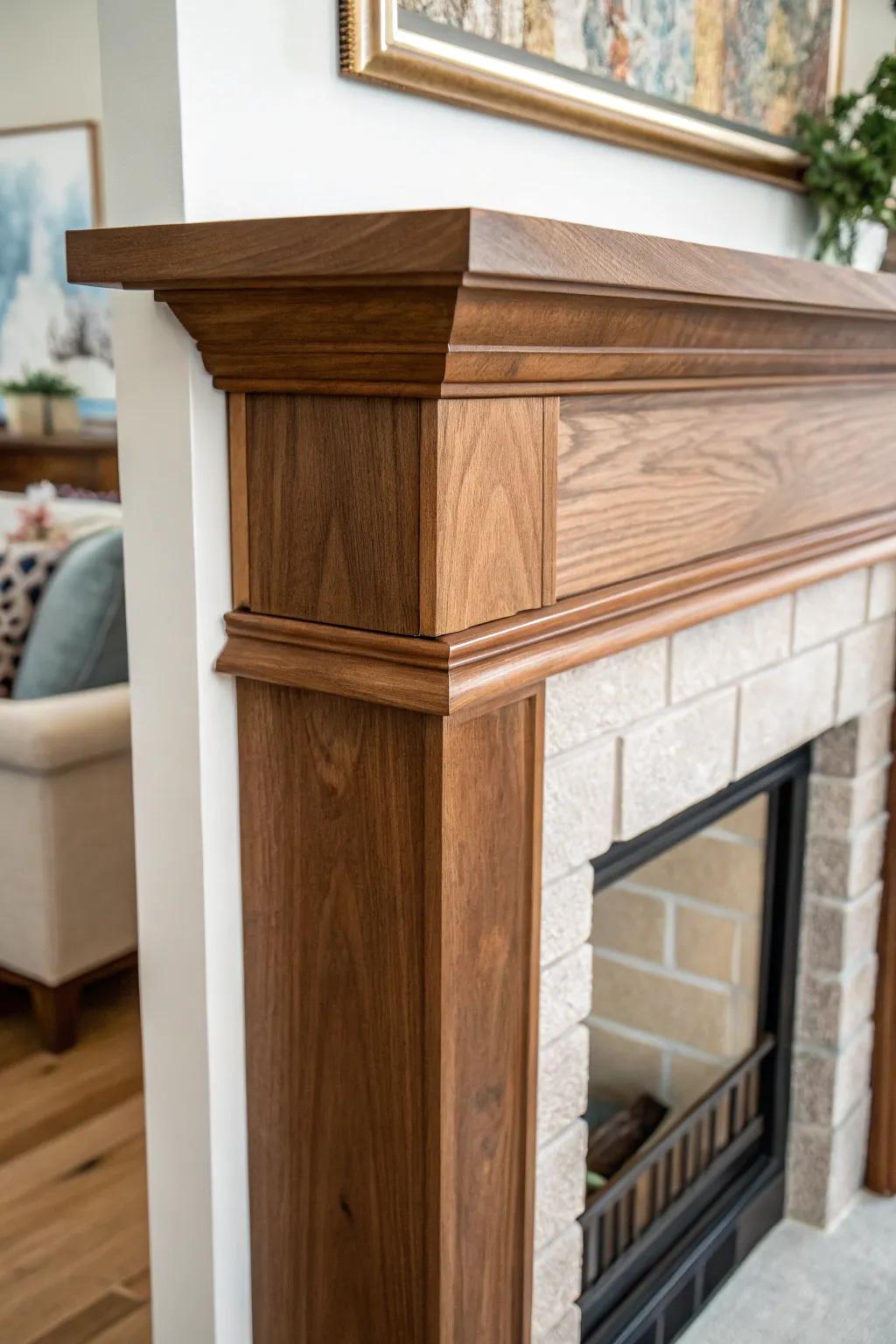 Warm-stained wrap-around mantel with a seamless miter for continuous straight grain.
