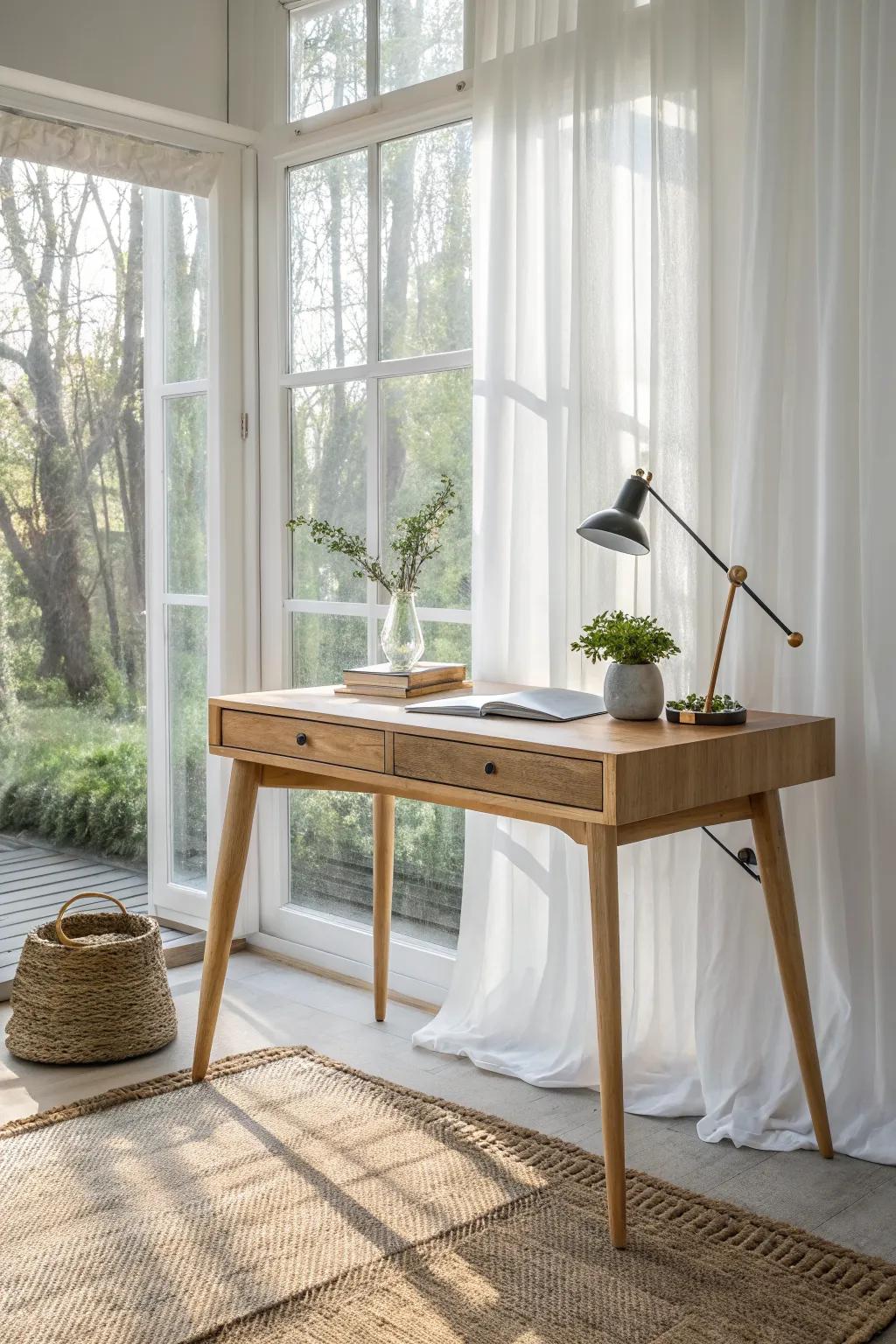 A light-oak writing desk by the window—simple, sunlit, with greenery and a slim lamp.